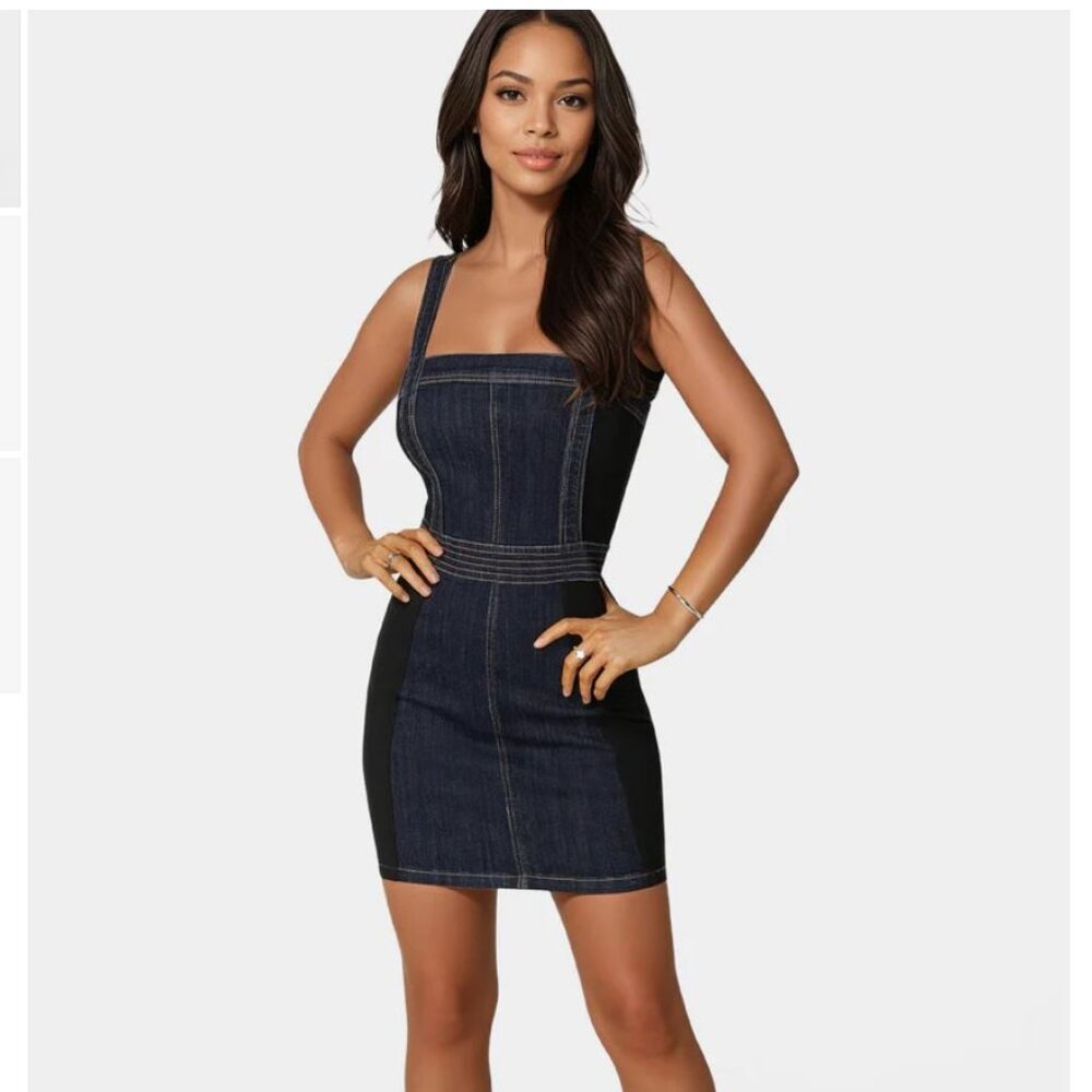 NWT BEBE Stretch Combo Fitted Denim Dress | Size 2